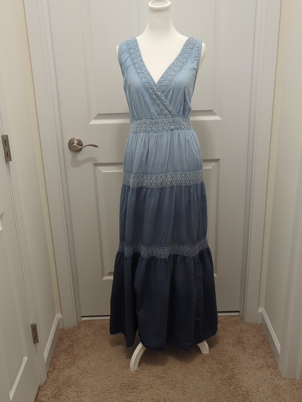 Charter Club Two-Tone Blue Tiered V-Neck Maxi Dress